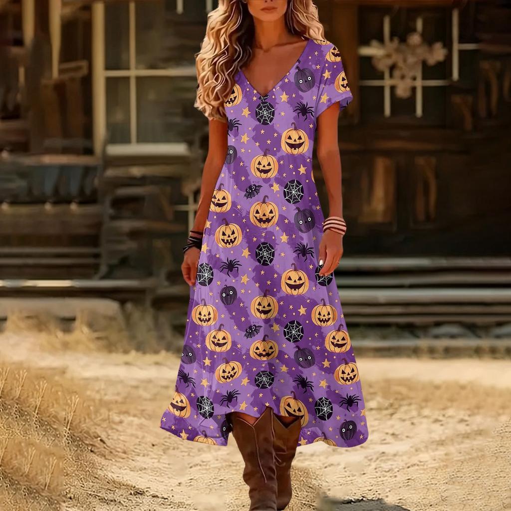 Women Summer V Neck Short Sleeve Retro Halloween Print Beach Dress Casual Loose Fit Soft Fabric Holiday Midi Dress