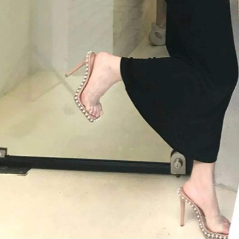 Fashion 2025Summer Stiletto Sandals Women's Fashion Square Head Shallow Mouth Transparent Strap Beaded Non-slip High-heeled Slippers