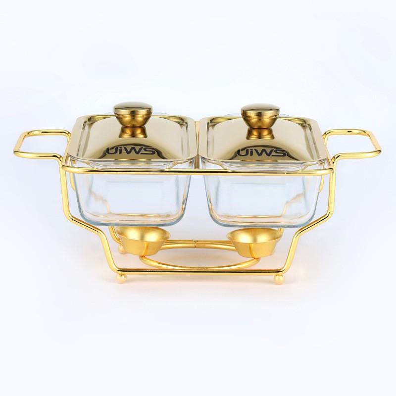 Restaurant Buffet Stove Chaffing Dish Golden Rectangular Three-Grid Glass Dining Stove Glass Heating Container