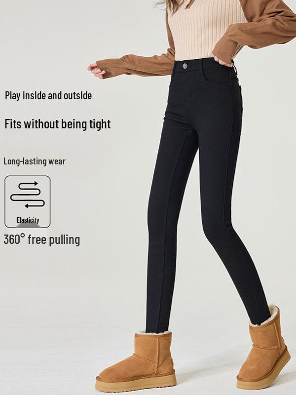 Women's Black Fleece-Lined Thermal Leggings: Warm, High-Waisted, Slim-Fit, Versatile, Thick, Trendy for Autumn/Winter