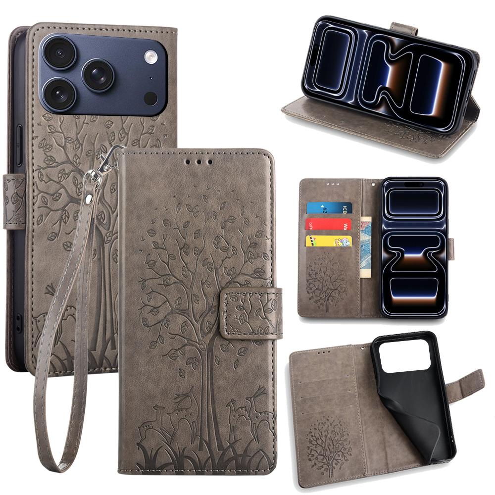 

For iPhone 17 Pro Case PU Leather Wallet Phone Cover Tree Deer Imprinted
