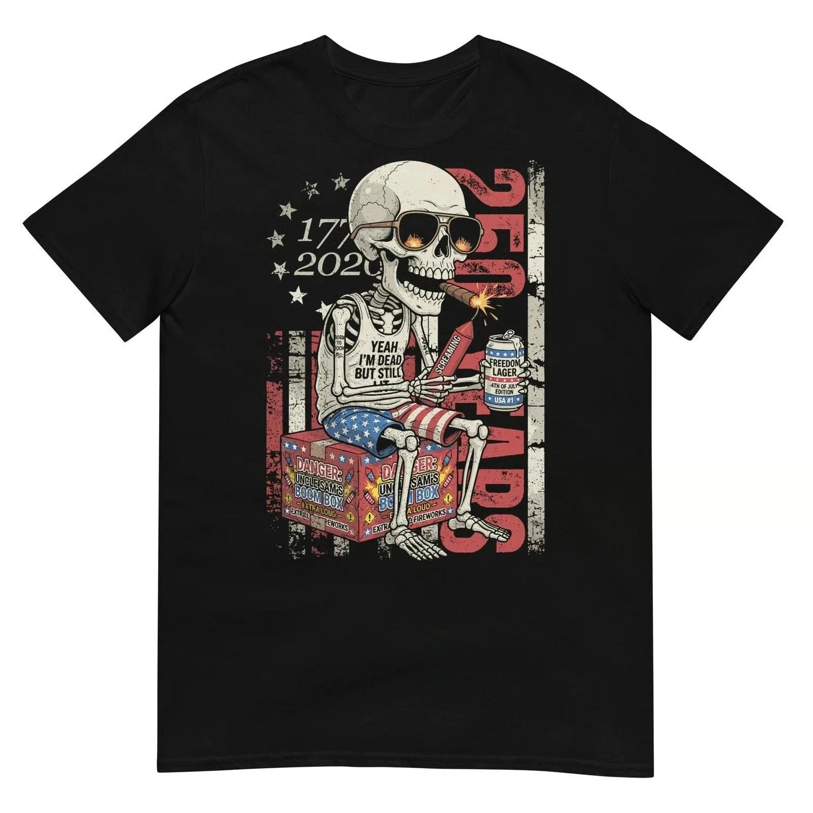 250 Years Skeleton Fireworks American Flag 4th July Tee S