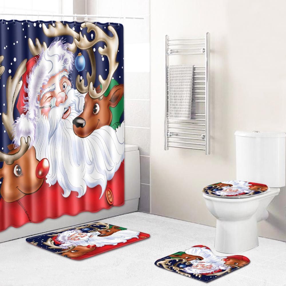 Christmas Toilet Seat Shower Curtain Four-Piece Printed Floor Mat Set Bathroom Floor Mat Bedroom Absorbent Door Mat Carpet