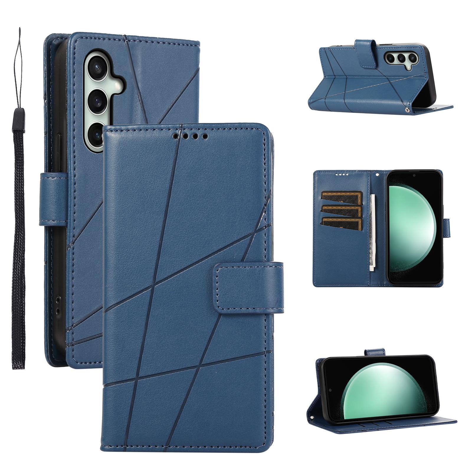 

For Samsung Galaxy S25 FE Phone Case Line Imprint Leather Wallet Cover with Wrist Strap Blue