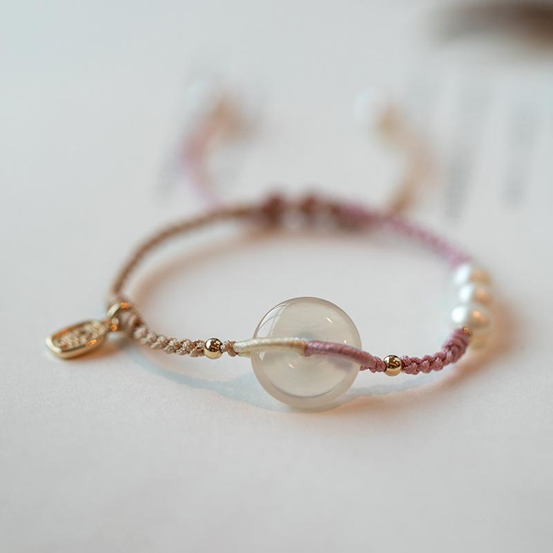 

Peace and Joy Chalcedony Peace Buckle Beveled Square Crystal Bracelet Pair Simple Vintage Artistic Woven Hand Rope Two-color rope style