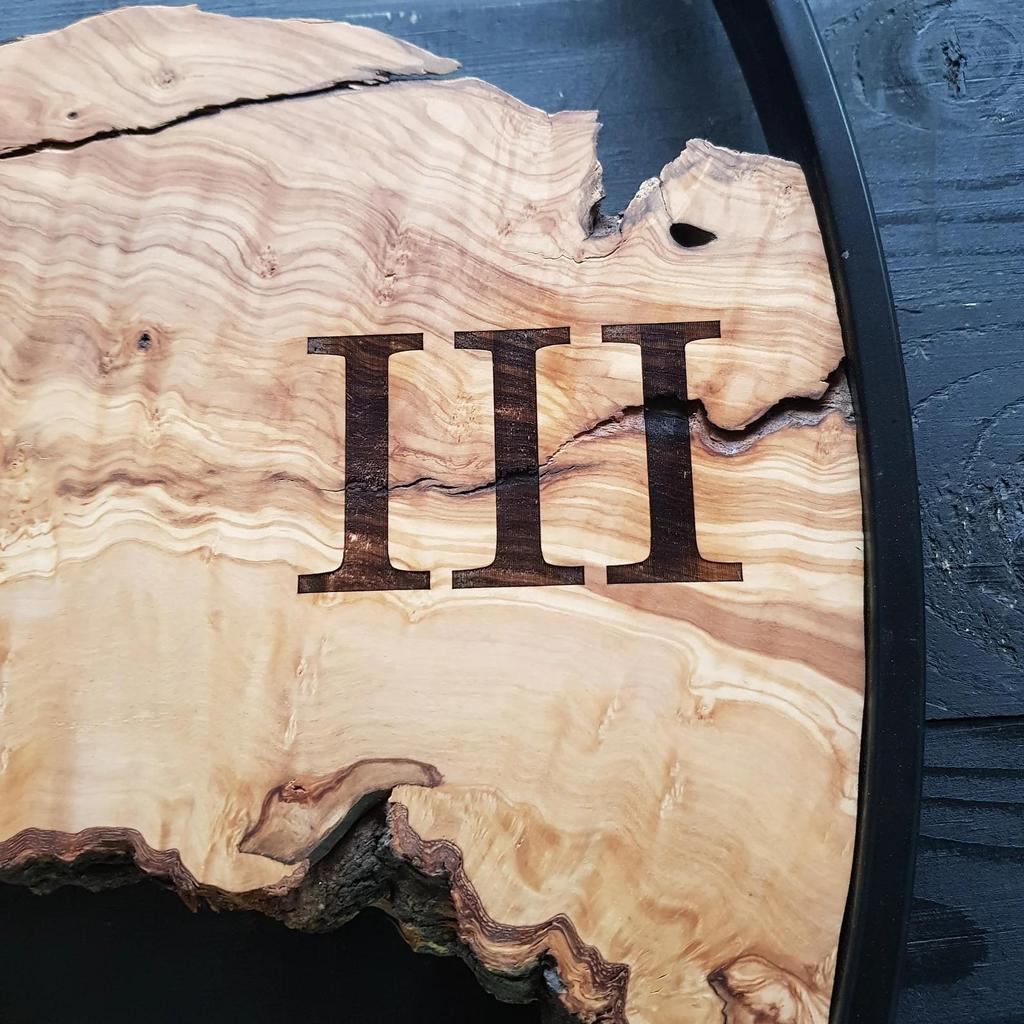 Sahaj Hast Olive Wood Wall Clock – Silent Movement, Live Edge Farmhouse Style | Handmade Wooden Wall Art