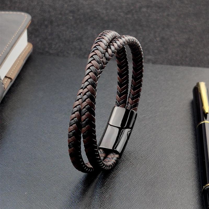 Titanium Steel Bracelet Double Layer Brown Black Leather Braided Rope Man High Quality Stainless Steel Magnetic For Women Gift