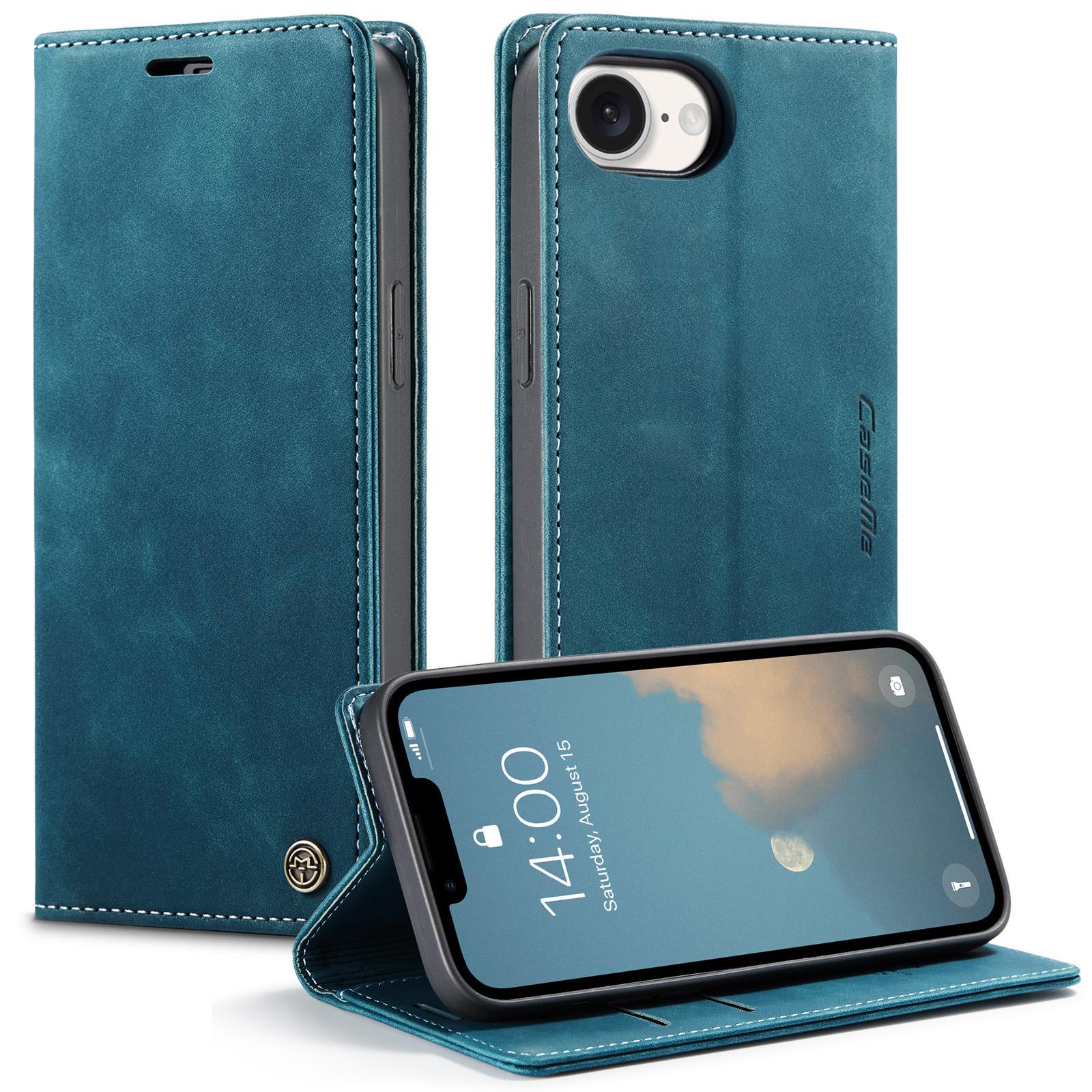 

For iPhone 16e Wallet Case CASEME 013 Series PU Leather Phone Cover Stand Blue