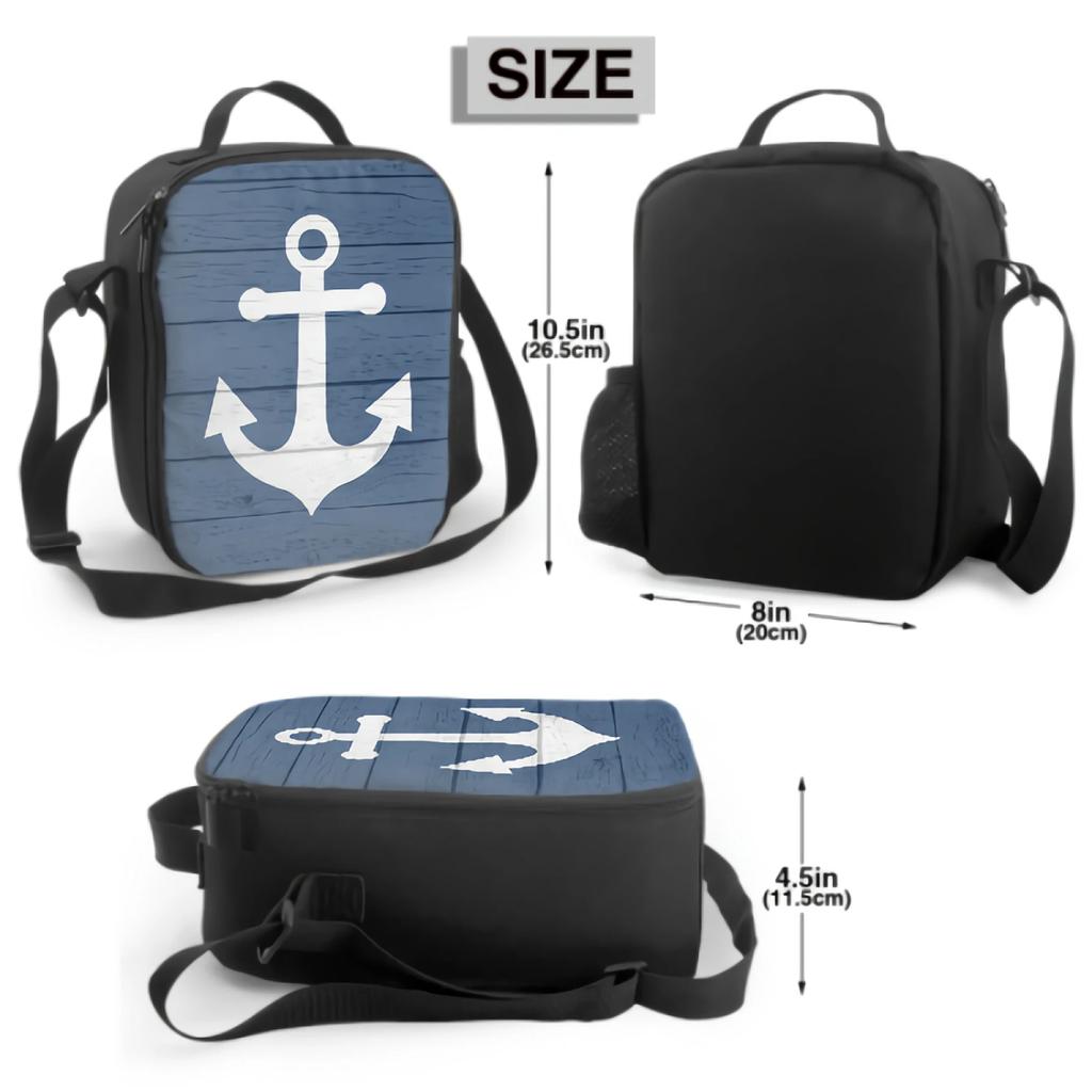 Nautical Anchor Insulated Lunch Box Reusable Portable Cooler Bag with Adjustable Shoulder Strap for Work School Picnic Travel