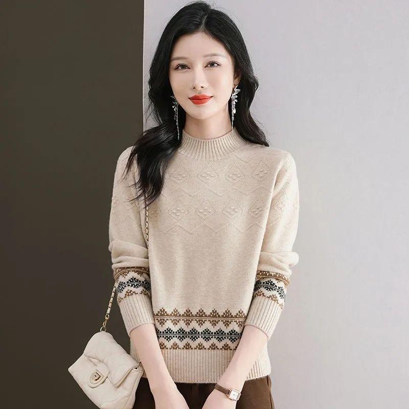 

Женский осенне-зимний свитер с воротником-стойкой свободного кроя для верхней одежды - Жаккардовый узор Теплый вязаный базовый топ 3XL бежевый
