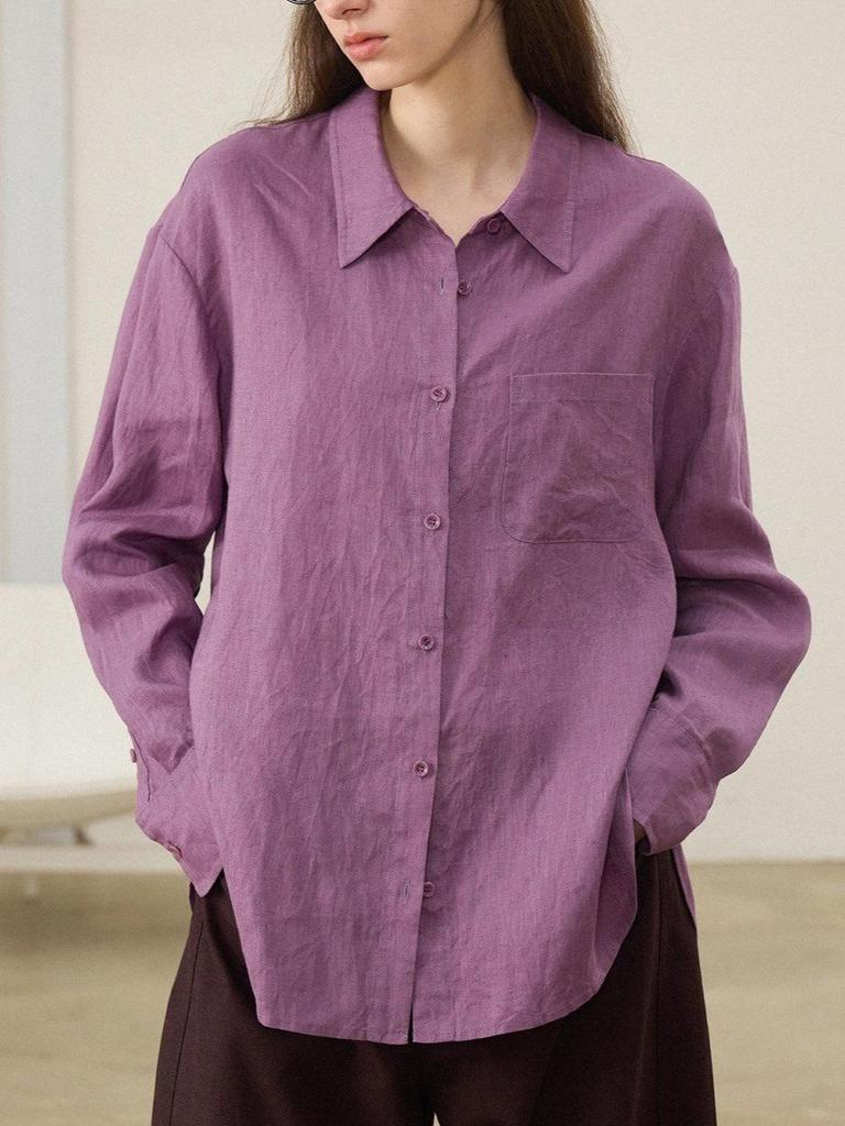 Green 100% Linen Women's Loose Long Sleeve Shirt for Early Autumn Wear