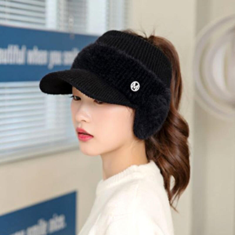 How about a fake fur earmuff knit brim winter hat? black