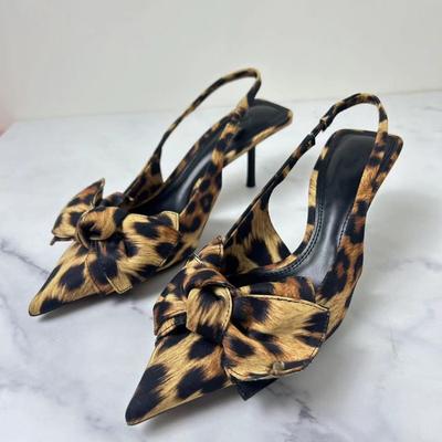 Fashion Big Bow Shallow High Heels Sandals for Lady Fashion Pointed Sexy Stiletto Leopard Print Summer Retro Party Luxury Shoes Woman
