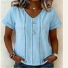 Women V Neck Short Sleeve Blouse Lace Trim Patchwork Cotton Linen Shirt Casual Summer Top Lightweight Breathable Fabric