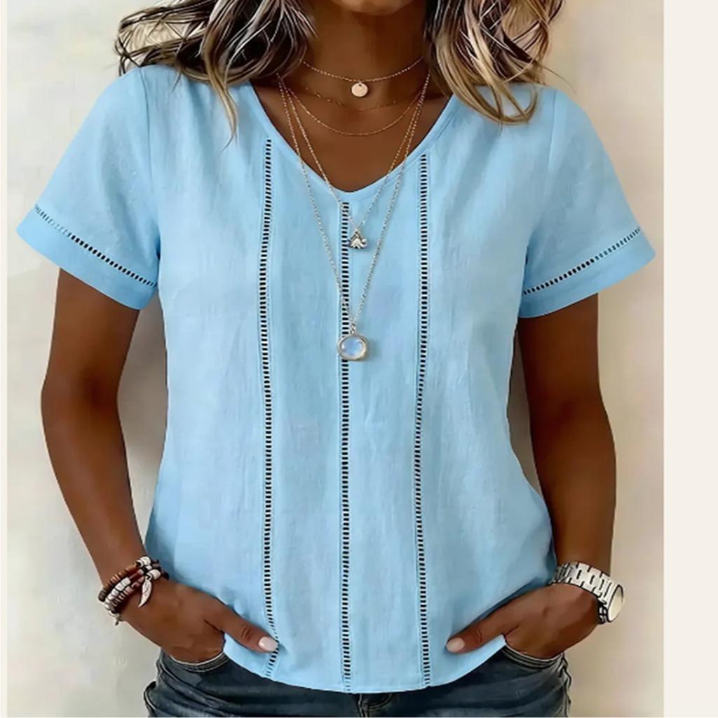Women V Neck Short Sleeve Blouse Lace Trim Patchwork Cotton Linen Shirt Casual Summer Top Lightweight Breathable Fabric