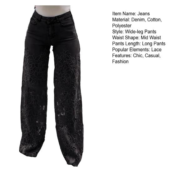 Dames Jeans med blonde-lapper, avslappet baggy rett vidde, denimbukser med middels høy midje, blomstermønster, uthulede jeans