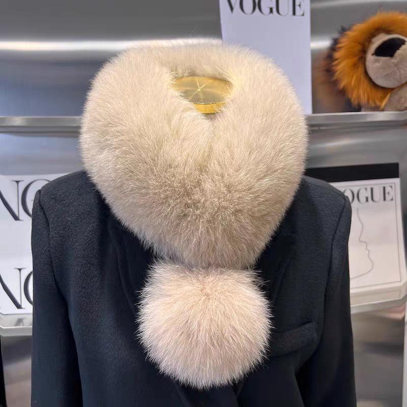Damen Schal im Koreanischen Stil aus Echter Fuchsfell mit Großem Bommel und Magnetischem Verschluss - Beidseitig, Vielseitiger Nackenschutz für Herbst und Winter