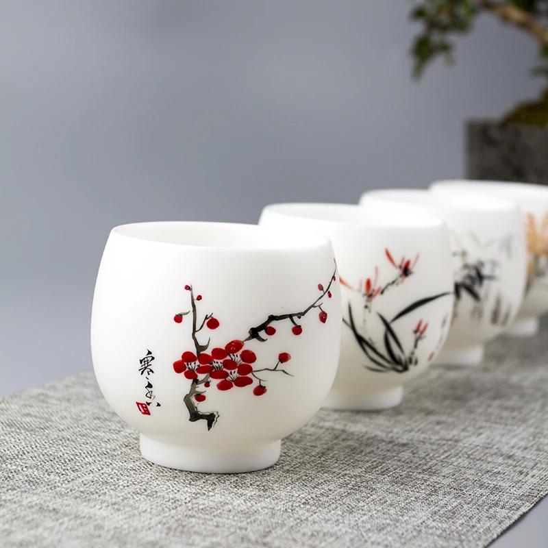 China Tea Cup Drinkware Teaware Tea Bowl Chinese Suet Jade Ceramic Hand Painted Flowers Plant  Water Mug Office Gift 200ml