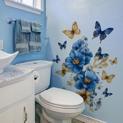 Adesivo da Parete Impermeabile Blu con Fiori e Farfalle Autoadesivo per Bagno, Vetro, Decorazione Casa Design Creativo
