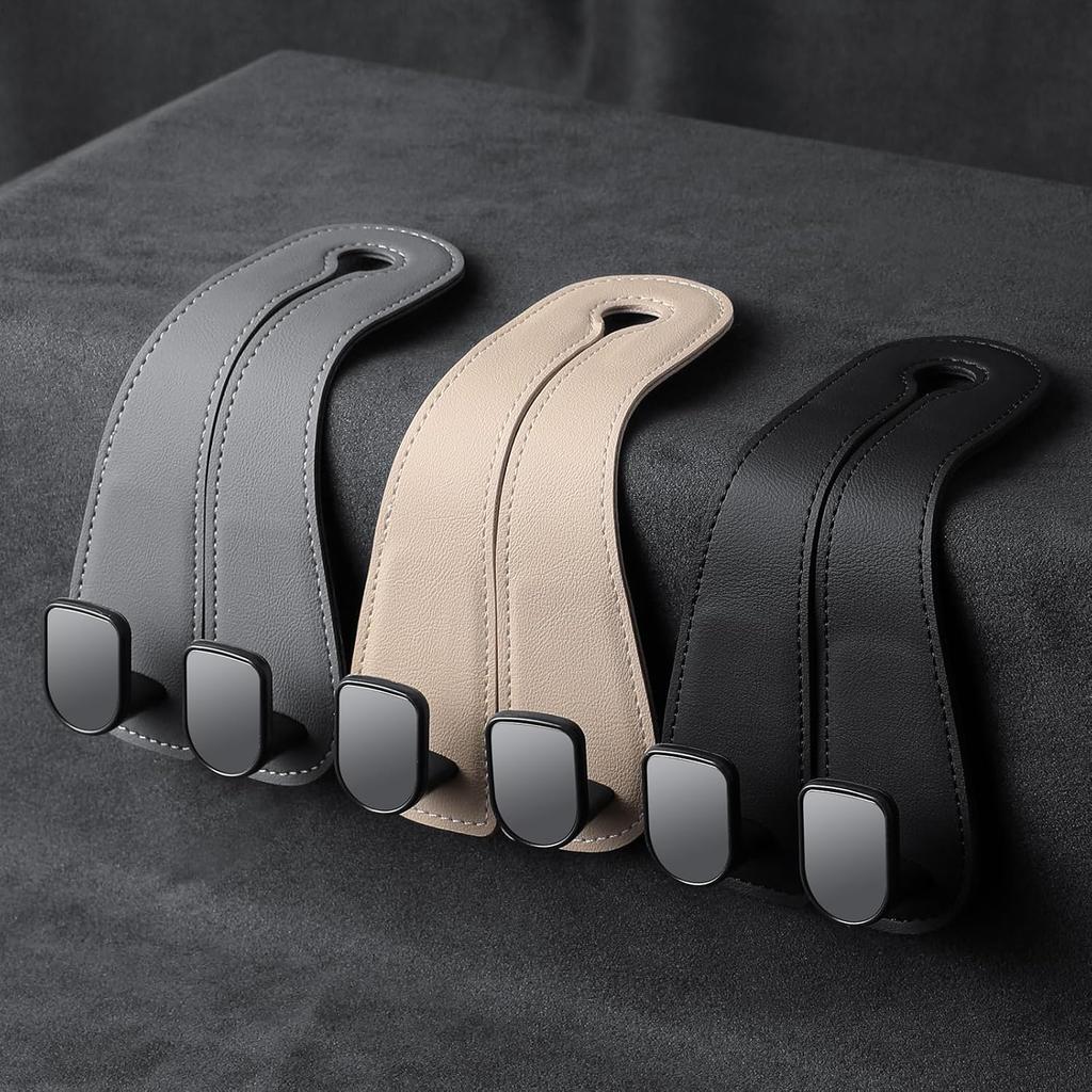 2 Pack KAFANLIN Car Headrest Hooks For Purses And Bags Cute Leather Car Seat Back Head Rest Double Hooks For Bags Cute Pink Beige Car Accessories