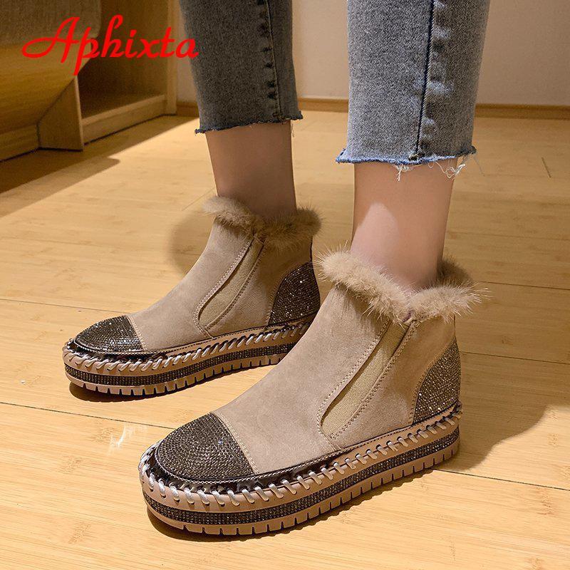 Fashion Aphixta Real Hair Warm Winter Crystals Shoes Woman Elastic Band Couple Chunky Sole Platform Big Size 44 Waterproof Ankle Boots