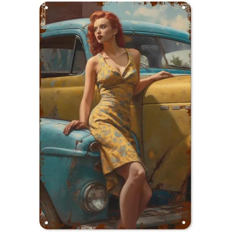 Vintage Pinup Girl Fast & Sexy Girls Classic Car Automobile Metal Tin Sings For Man Cave Garage Bar Cafe Clubs Car Decor Posters