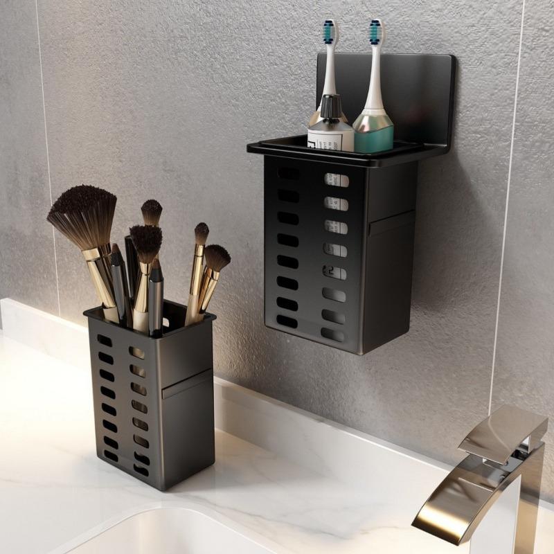 Multi-Purpose Wall-Mounted Storage Rack for Toothbrushes Makeup Tools Black White Modern Design No Drill Installation Adhesive Hooks Adjustable