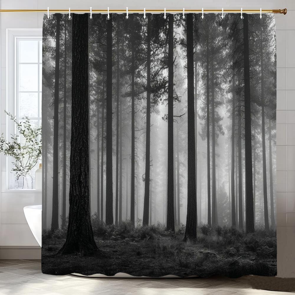 Schwarzer Baum Duschvorhang, Schwarzer Nebelwald Badezimmer Dekorativer Duschvorhang, Hängender Vorhang 12 Haken Maschinenwaschbar