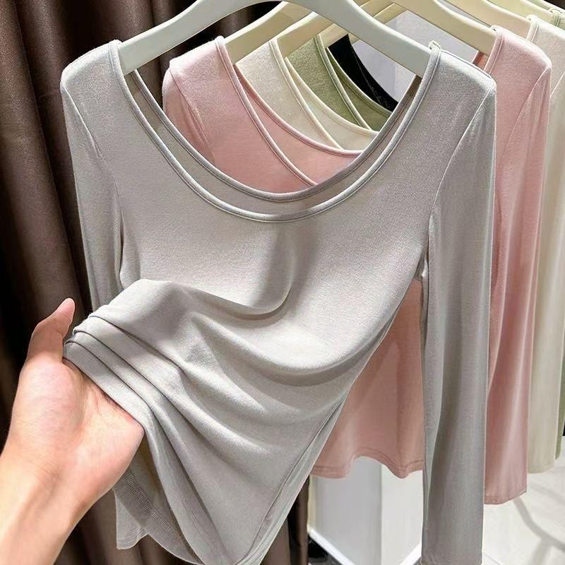 Pure Desire Low-Cut Backless Long-Sleeve Slim Fit Base Layer T-Shirt for Women – Autumn/Winter Korean Style