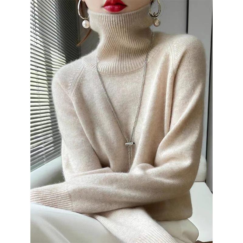 High-end lapel pure wool sweater women's turtleneck knitted and loose sweater solid color pullover bottoming shirt autumn and winter