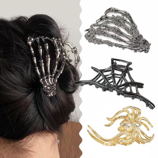 Halloween Hair Claw Black Spider Web Skeleton Hand Bat Shape Hair Clip Anti-slip Teeth Back Head Shark Hair Clip Styling Accessory