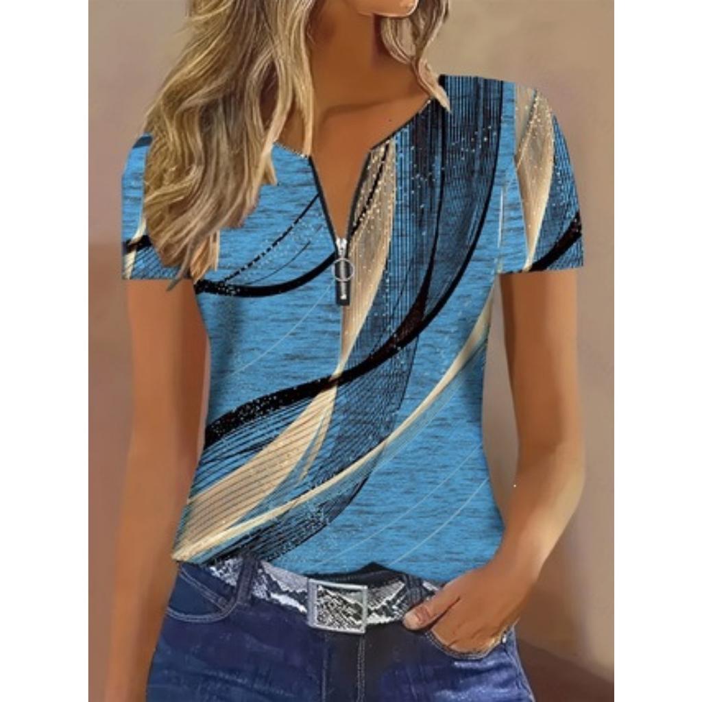 Summer Spring Mixed Color Wave Short Sleeve Zip T-shirt, Casual Fashion Top for Women, European American Style Crossbody Apparel