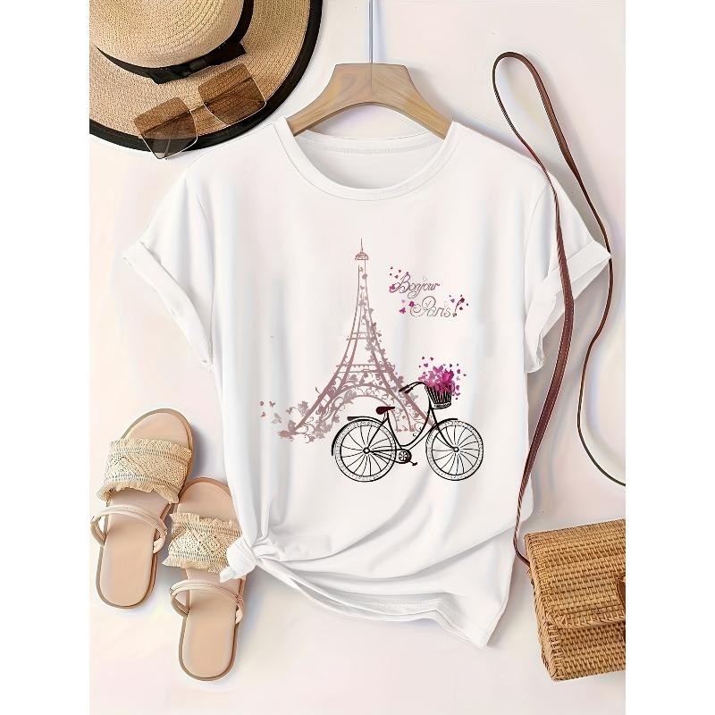European Size Parisian-Inspired Plus Size T-Shirt - "Bonjour Paris" Graphic with Eiffel Tower&Bicycle Design,Short Sleeve Crew Neck,Casual Women'S Top