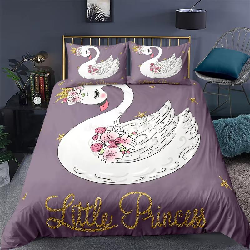 Swan Duvet Cover Twin King For Kids Girls Teen Cartoon Animal Bedding Set Microfiber Crown Star Romantic Floral Comforter Cover