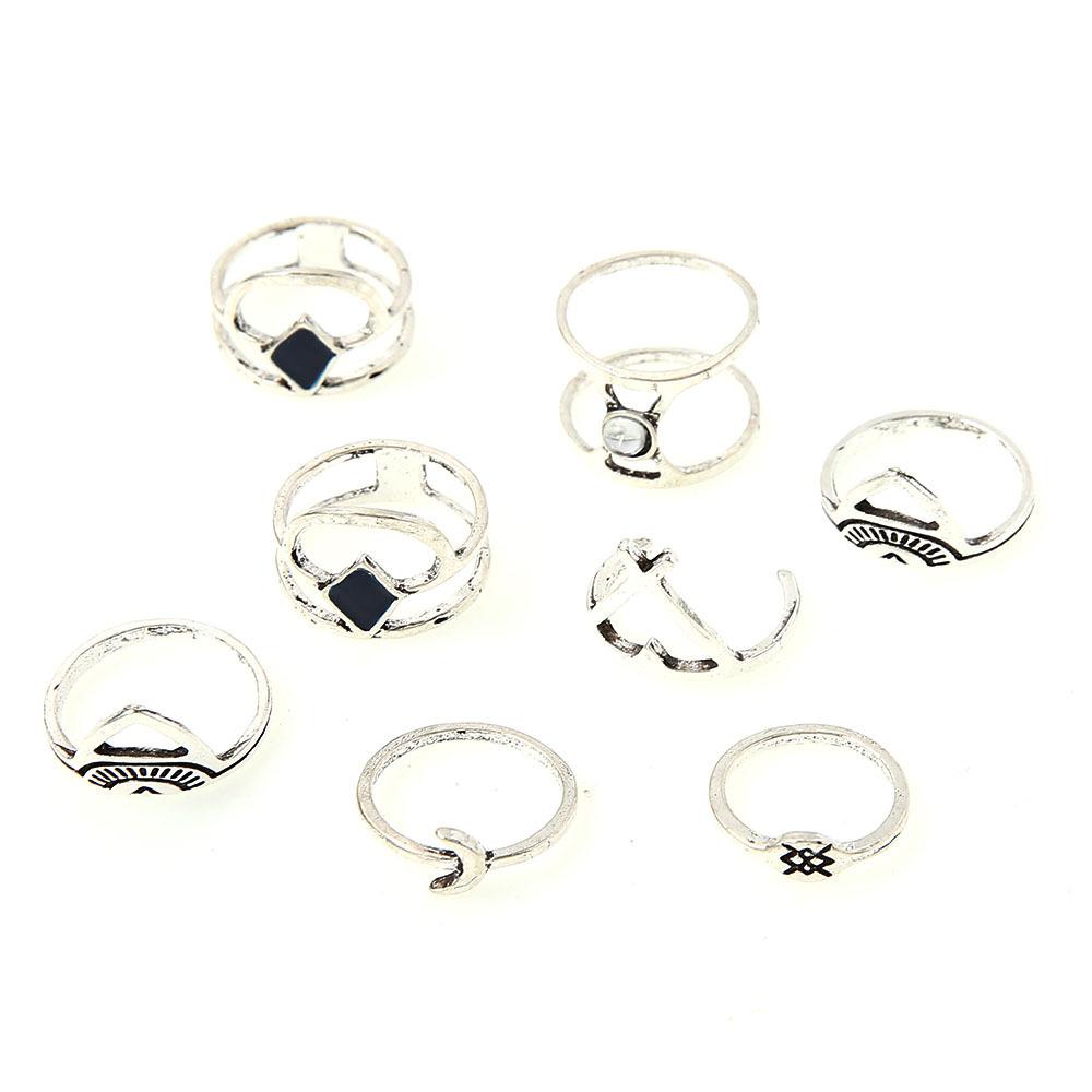 Vintage Bohemian Ancient Silver Moon Drip Oil Rhombus Cross Double Layer Ring Totem 8-Piece Ring Set