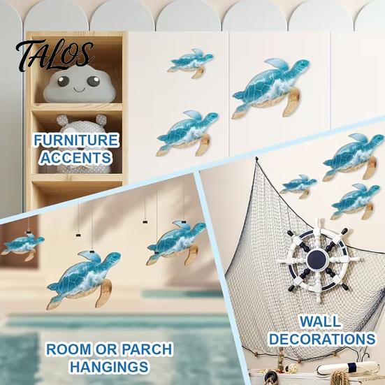 No Drill Wall Art 3Pcs Wooden Turtle Art, Ocean Theme Hanging Ornaments for Bathroom Coastal Resort Living Room Bedroom, Beach Style Decorations with