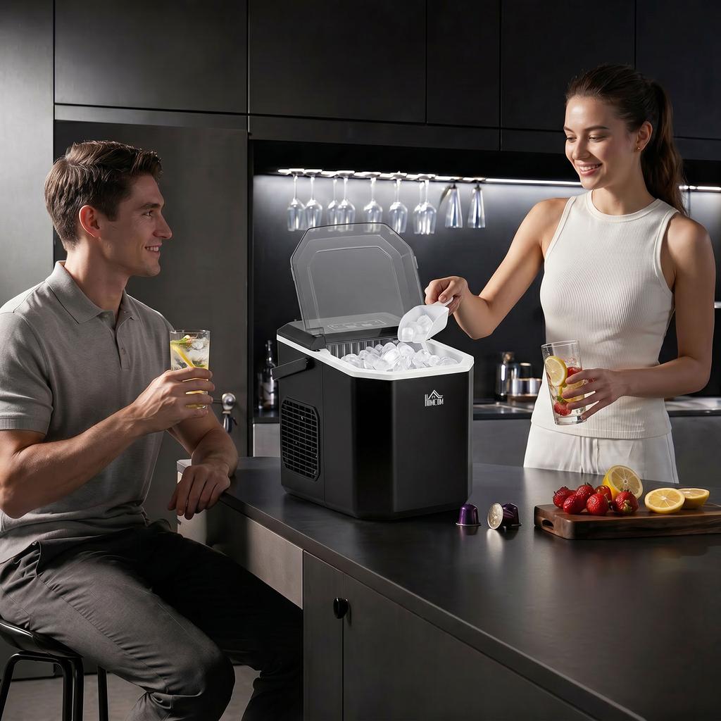 Self-cleaning ice maker, 9 ice cubes in 6-13 min, basket, scoop, 22.2 x 29.4 x 29 cm, black