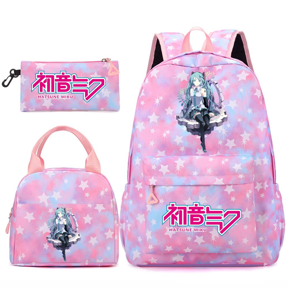 3 Stück/Set Anime Cartoon Hatsune Miku Bedruckter Rucksack Handtasche Federmäppchen für Teenager Schüler Mädchen Jungen Große Kapazität Wasserdicht Schultasche Reisetasche