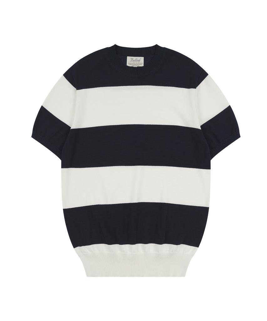BELLIEF Essential Hard Twist Cotton Short Sleeve Striped Knit (Ivory/Navy)