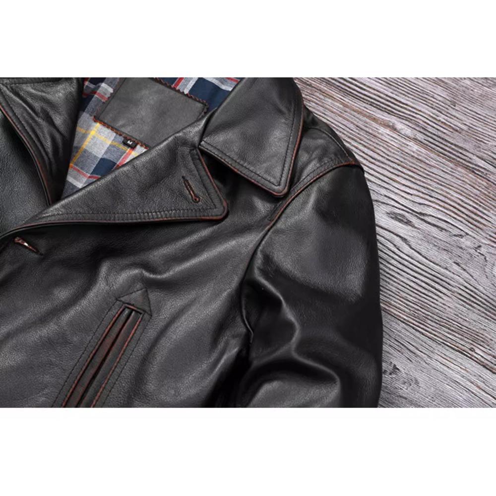 Giacca lunga da uomo in vera pelle, taglia cinese, classica, nera, in pelle di mucca, casual, in tessuto di pelle