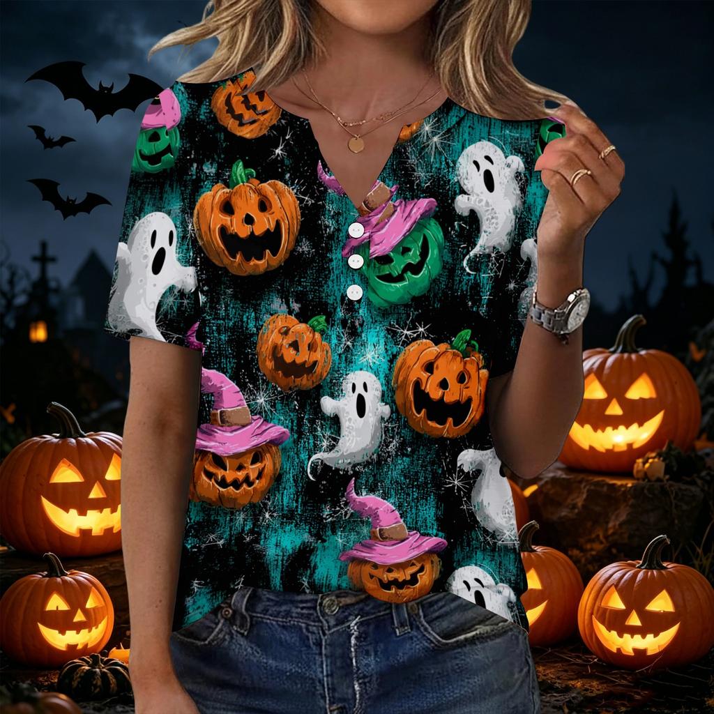 Women Halloween Print Loose Fit V Neck Short Sleeve Shirt with Pocket Casual Top for Everyday Wear