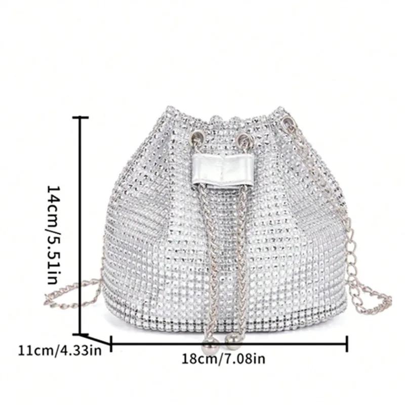 Sparkling Rhinestone Embellished Drawstring Crossbody Bag for Women Multi-Functional Bucket Purse with Detachable Chain Strap