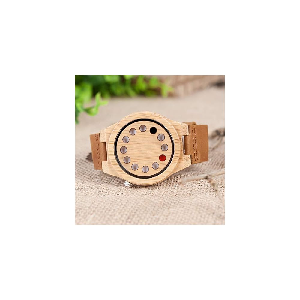 Bobo Bird Men's Bamboo Watch Black Leather Strap 12-Hole Timer Design Sports Casual Timepiece Brown Cat Eye Classic