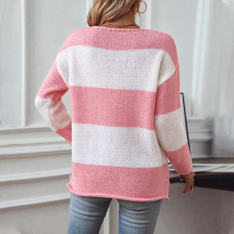 New Autumn and Winter Casual Sweaters European and American Contrast Striped V-neck Off-shoulder Sweaters for Women