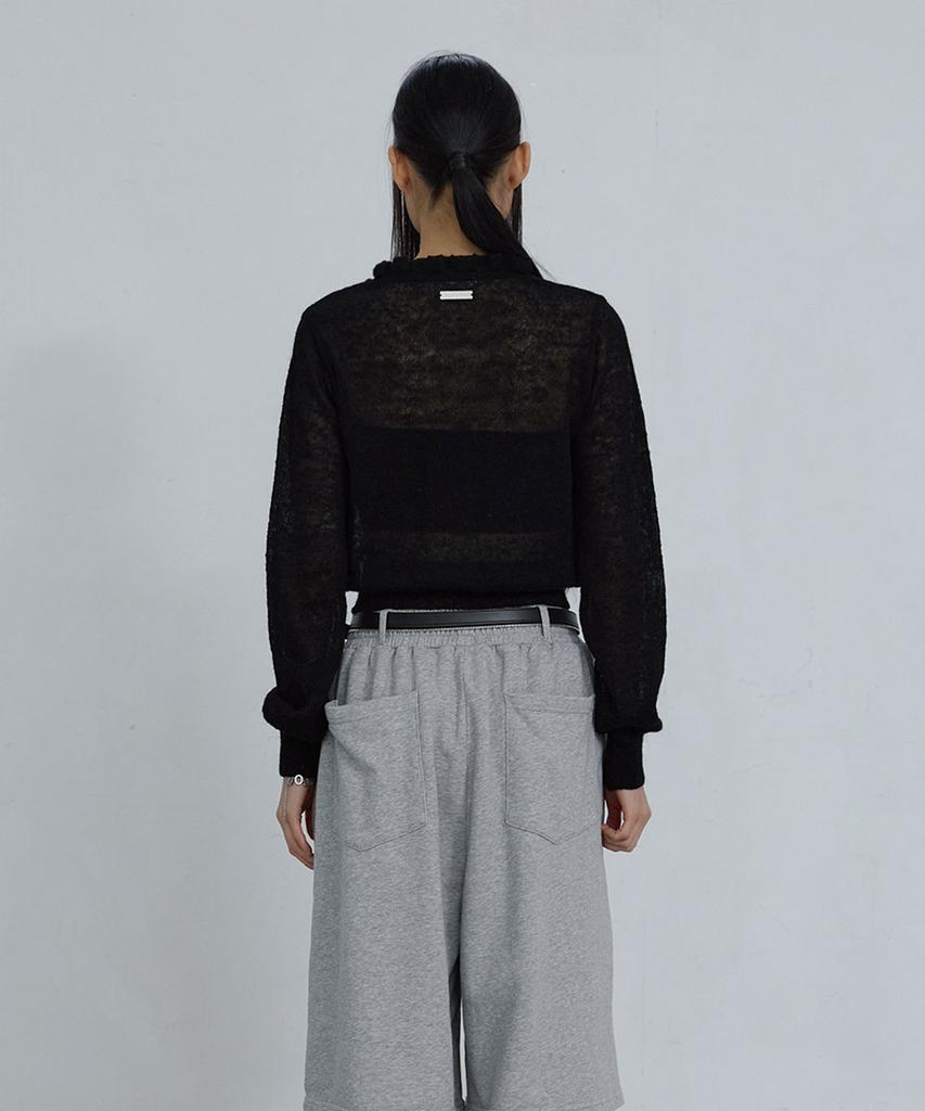 Uusoo Kid Mohair Lace V-Neck Cardigan_ Black