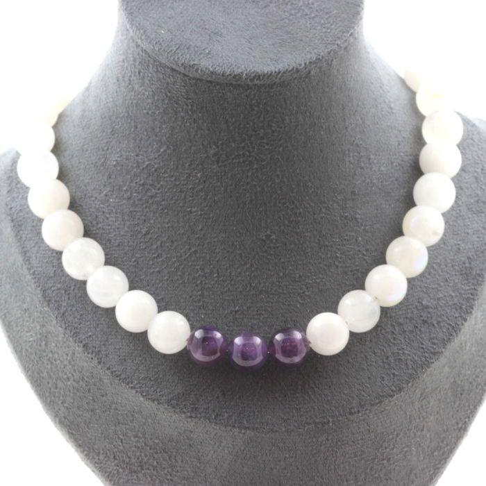 Pierres et Minéraux. Collier perles Pierre de lune 10 mm + Améthyste 10 mm. Chaine en acier Collier femmes, hommes. Taille personna