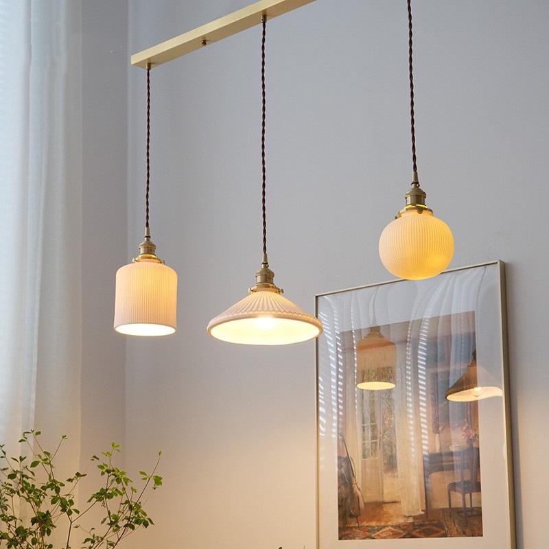 Nordic Inspired Japanese Brass & Pleated Ceramic Pendant Lamp for Restaurant, Bedroom or Dining Table