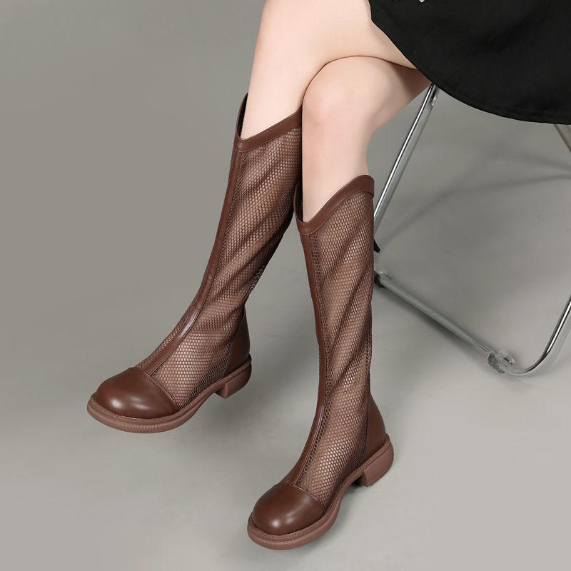 Sommer Damenstiefel 2025 neue Netzstiefel hohle coole Stiefel Meshgarn vielseitig atmungsaktiv dünne lange Stiefel dicker Absatz hohe Stiefel