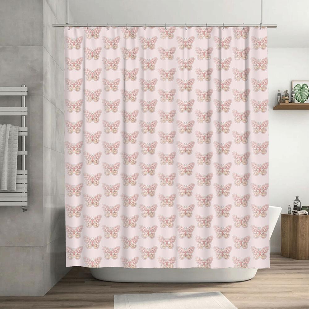Pink Butterfly Shower Curtain Decorative Waterproof Fabric for Bathroom Pink White Floral Pattern Wall Hanging Home Decor (Size: