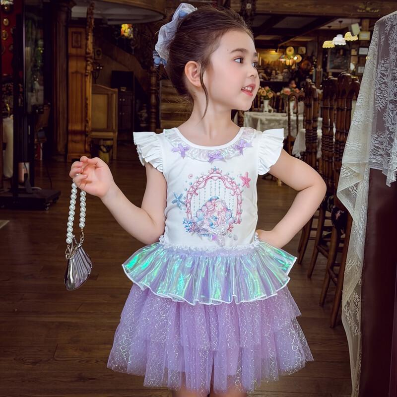MIMIHELLO Girls 2026 Summer Mermaid Mesh Princess Cake Dress 150 фиолетовый